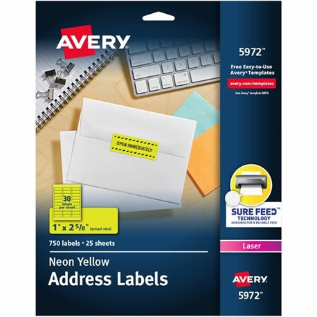 Avery Shipping Labels - 1" Width x 2 5/8" Length - Permanent Adhesive - Rectangle - Laser - Neon Yellow - Paper - 30 / Sheet - 2