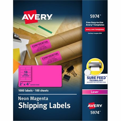 Avery 2" x 4" Neon Shipping Labels with Sure Feed, 1,000 Labels (5974) - 2" Width x 4" Length - Permanent Adhesive - Rectangle -