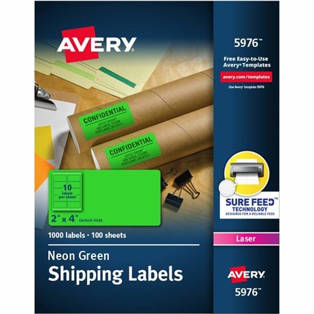 Avery 2"x 4" Neon Shipping Labels with Sure Feed, 1,000 Labels (5976) - 2" Width x 4" Length - Permanent Adhesive - Rectangle - 