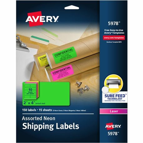 Avery 2"x4" Neon Shipping Labels, Sure Feed, 150 Labels (5978) - 2" Width x 4" Length - Permanent Adhesive - Rectangle - Laser -