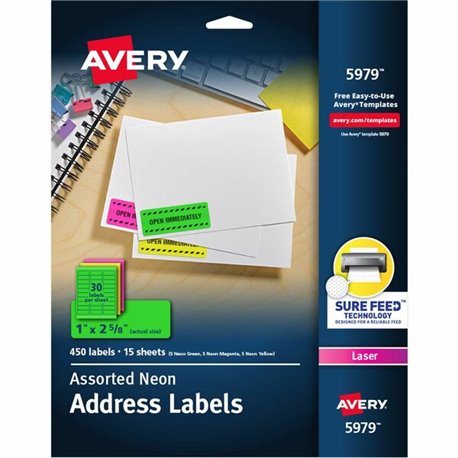 Avery Shipping Labels - 1" Width x 2 5/8" Length - Permanent Adhesive - Rectangle - Laser - Neon Magenta, Neon Green, Neon Yello