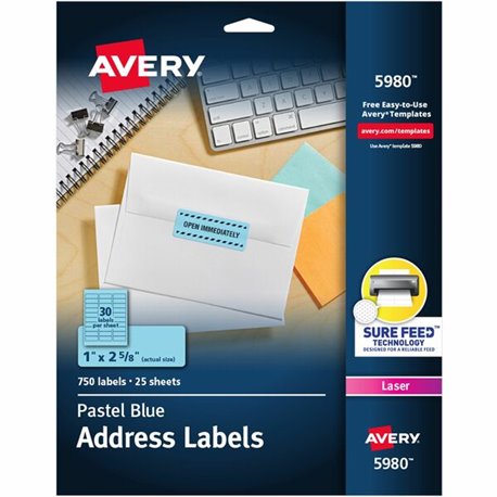 Avery Shipping Labels - 1" Width x 2 5/8" Length - Permanent Adhesive - Rectangle - Laser - Pastel Blue - Paper - 30 / Sheet - 2