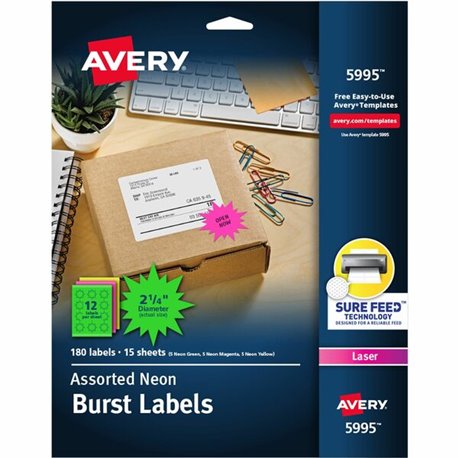 Avery Neon Burst Labels - - Width2 1/4" Diameter - Permanent Adhesive - Burst - Laser - Neon Magenta, Neon Green, Neon Yellow - 