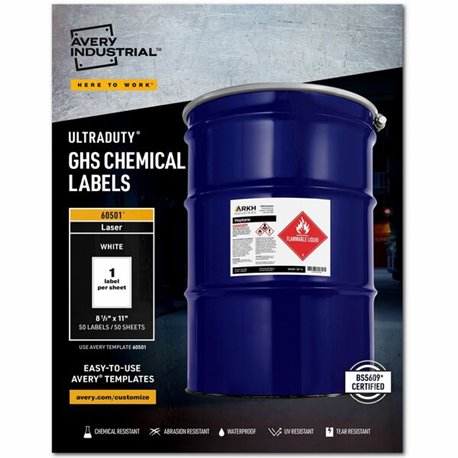 Avery UltraDuty GHS Chemical Labels 8�" x 11" , for Laser Printers - 8 1/2" Width x 11" Length - Permanent Adhesive - Rectangle 