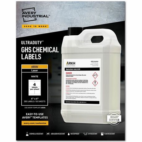 Avery UltraDuty GHS Chemical Labels 4" x 4" , Permanent Adhesive, for Laser Printers - 4" Width x 4" Length - Permanent Adhesive