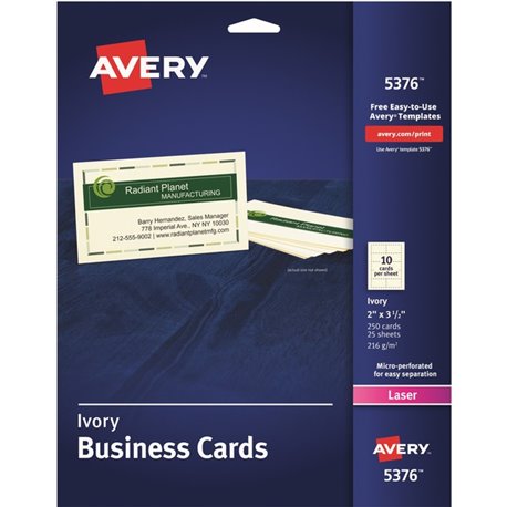 Avery 2" x 3.5" Ivory Business Cards, Sure Feed? Technology, Laser, 250 Cards (5376) - 79 Brightness - A8 - 2" x 3 1/2" - 250 / 