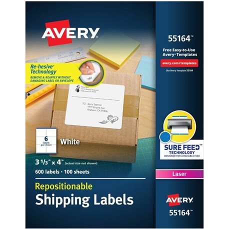 Avery Repositionable Labels, Sure Feed, 3-1/3"x4" , 600 Labels (55164) - 3 21/64" Width x 4" Length - Rectangle - Laser - White 