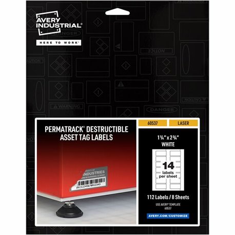 Avery PermaTrack Destructible Asset Tag Labels - 1.25" Length x 2.75" Width - Rectangular - 112 / Pack - White