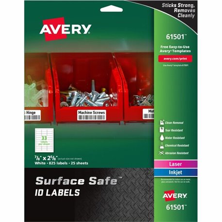 Avery Surface Safe ID Label - 7/8" Width x 2 5/8" Length - Removable Adhesive - Rectangle - Laser, Inkjet - White - Film - 33 / 