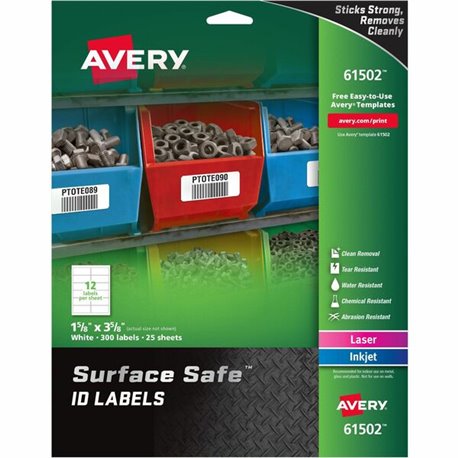 Avery Surface Safe ID Label - 1 5/8" Width x 3 5/8" Length - Removable Adhesive - Rectangle - Laser, Inkjet - White - Film - 12 