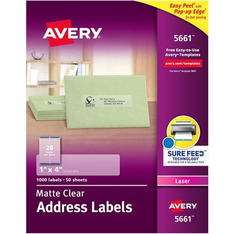 Avery Easy Peel Return Address Labels - 1" Width x 4" Length - Permanent Adhesive - Rectangle - Laser - Clear - Film - 20 / Shee