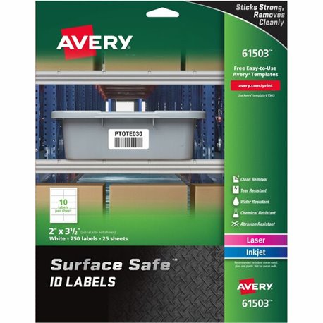 Avery Surface Safe ID Label - 2" Width x 3 1/2" Length - Removable Adhesive - Rectangle - Laser, Inkjet - White - Film - 10 / Sh