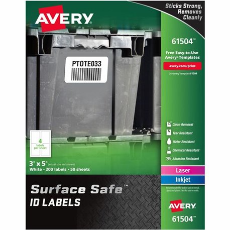 Avery Surface Safe ID Label - 3" Width x 5" Length - Removable Adhesive - Rectangle - Laser, Inkjet - White - Film - 4 / Sheet -