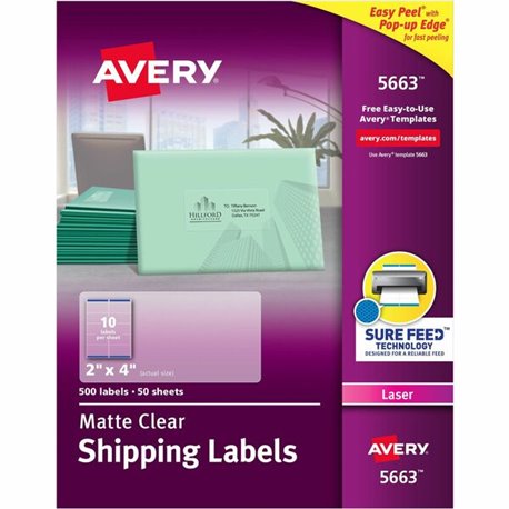 Avery Clear Shipping Labels, Sure Feed, 2" x 4" , 500 Labels (5663) - 2" Width x 4" Length - Permanent Adhesive - Rectangle - La