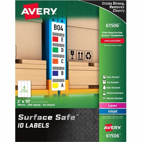 Avery Surface Safe ID Label - 2" Width x 10" Length - Removable Adhesive - Rectangle - Laser, Inkjet - White - Film - 4 / Sheet 