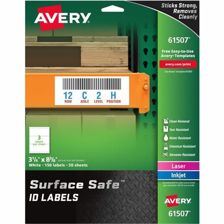 Avery Surface Safe ID Label - 3 1/4" Width x 8 3/8" Length - Removable Adhesive - Rectangle - Laser, Inkjet - White - Film - 3 /