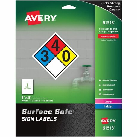 Avery 8"x8" Removable Label Safety Signs - 8" Width x 8" Length - Removable Adhesive - Rectangle - Laser, Inkjet - White - Film 