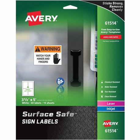 Avery 3-1/2"x5" Removable Label Safety Signs - 3 1/2" Width x 5" Length - Removable Adhesive - Rectangle - Laser, Inkjet - White