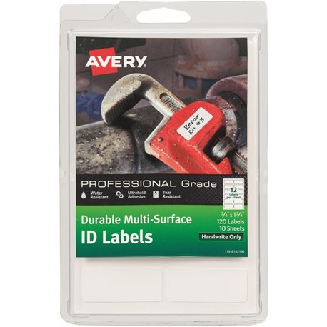 Avery ID Labels - Permanent Adhesive - Rectangle - White - Film - 12 / Sheet - 10 Total Sheets - 120 Total Label(s) - 3 - Water 