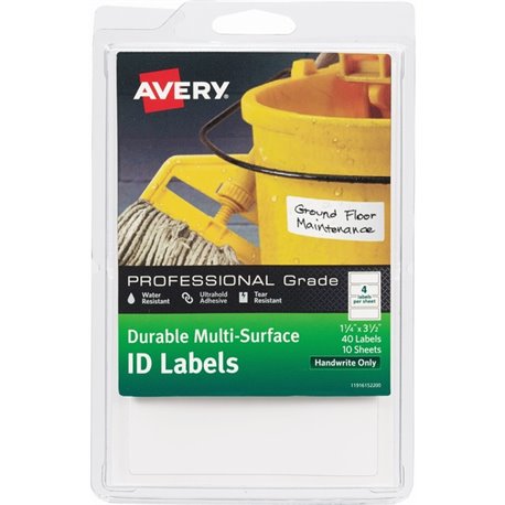 Avery Durable ID Labels - Permanent Adhesive - Rectangle - White - Film - 4 / Sheet - 10 Total Sheets - 40 Total Label(s) - 40 /