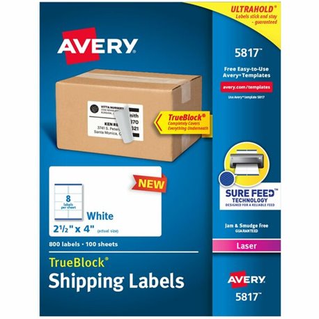 Avery Printable Shipping Labels, 2.5" x 4" , 800 Labels (5817) - 2 1/2" Width x 4" Length - Permanent Adhesive - Rectangle - Las