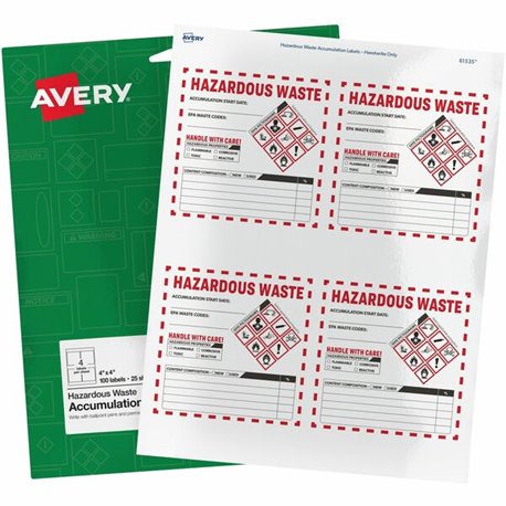 Avery Preprinted HAZARDOUS WASTE Handwrite Labels - Waterproof - "DANGER" Width - Permanent Adhesive - Rectangle - Assorted - Fi