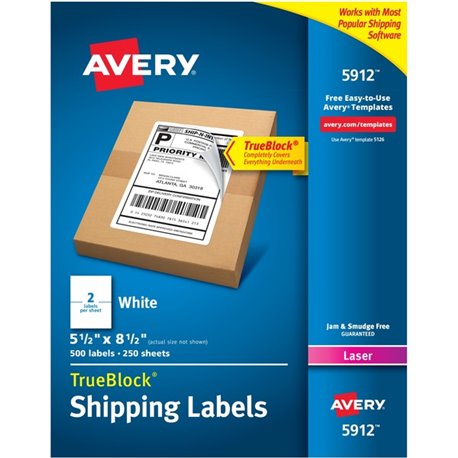 Avery TrueBlock Shipping Label - 5 1/2" Width x 8 1/2" Length - Permanent Adhesive - Rectangle - Laser - White - Paper - 2 / She