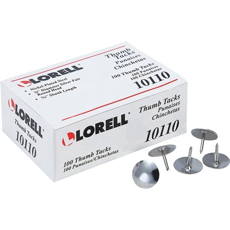 Lorell 5/16" Long Thumb Tacks - 0.31" Shank - 0.38" Head - for Schedule, Wall - 100 / Pack - Silver - Nickel Plated Steel