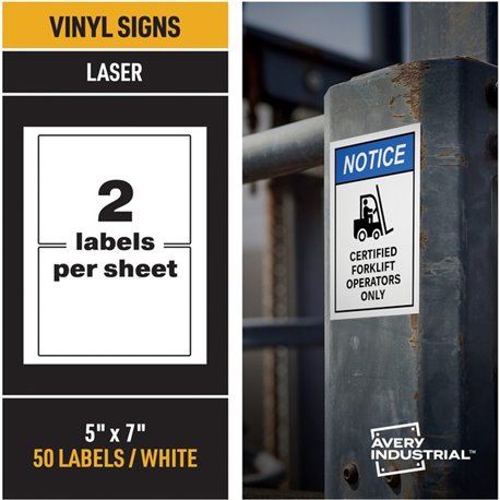 Avery Adhesive Printable Vinyl Signs - Waterproof - 5" Width x 7" Length - Permanent Adhesive - Rectangle - Laser - White - Viny