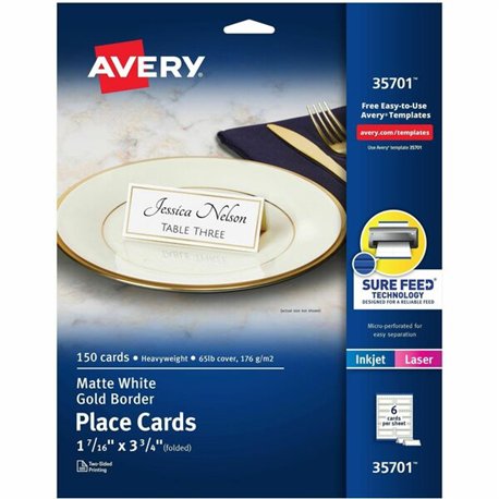 Avery Place Cards With Gold Border 1-7/16" x 3-3/4" , 65 lbs. 150 Cards - 97 Brightness - 3 3/4" x 1 7/16" - 65 lb Basis Weight 