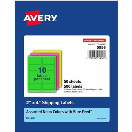 Avery 2"x 4" Neon Shipping Labels with Sure Feed, 500 Labels (5956) - 2" Width x 4" Length - Permanent Adhesive - Rectangle - La