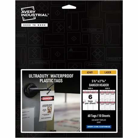 Avery UltraDuty Plastic Tags, 5.5" x 2.83" , Danger Header (62401) - 2.92" Length x 5.50" Width - 60 - Plastic, Polyester - Matt