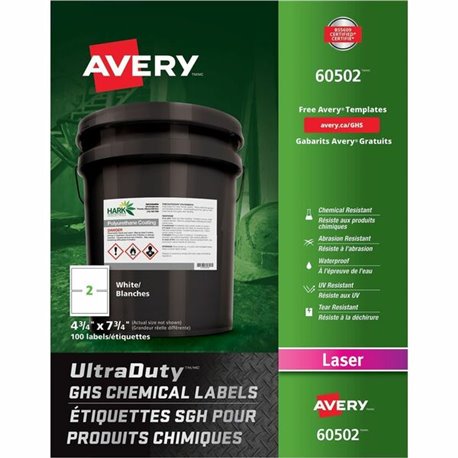 Avery UltraDuty GHS Chemical Labels 4¾" x 7¾" , Permanent Adhesive, for Laser Printers - 4 3/4" Width x 7 3/4" Length - Permanen