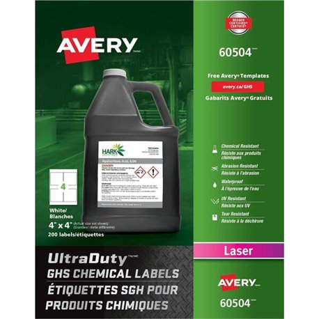 Avery UltraDuty GHS Chemical Labels 4" x 4" , Permanent Adhesive, for Laser Printers - 4" Width x 4" Length - Permanent Adhesive