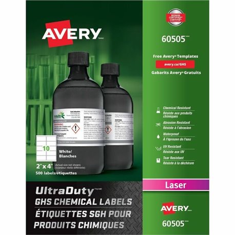 Avery UltraDuty GHS Chemical Labels 2" x 4" , for Laser Printers - 2" Width x 4" Length - Permanent Adhesive - Rectangle - Laser