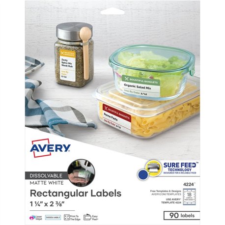 Avery Dissolvable Rectangle Labels - 1 1/4" Width x 2 3/8" Length - Rectangle - Laser, Inkjet - White - Paper - 18 / Sheet - 5 T