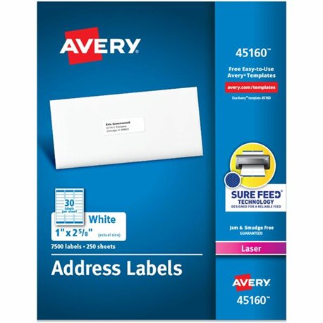 Avery Address Labels - Sure Feed Technology - 1" Width x 2 5/8" Length - Permanent Adhesive - Rectangle - Laser - White - Paper 