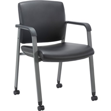 Lorell Healthcare Upholstery Guest Chair with Casters - Vinyl Seat - Vinyl Back - Steel Frame - Square Base - Black - Armrest - 