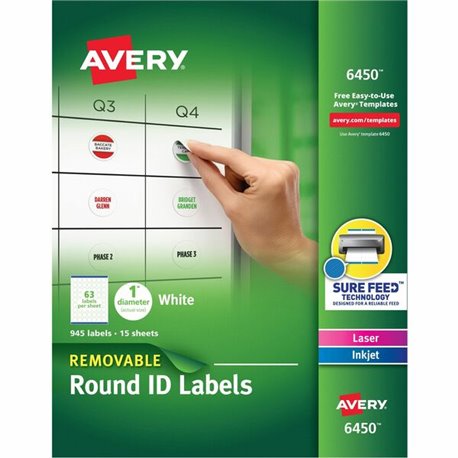 Avery Multiuse Removable Labels - - Width1" Diameter - Removable Adhesive - Round - Laser, Inkjet - White - Paper - 63 / Sheet -