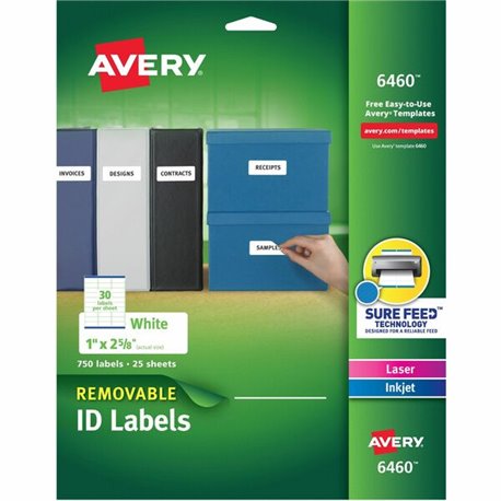 Avery Removable I.D. Laser/Inkjet Labels - 1" Width x 2 5/8" Length - Removable Adhesive - Rectangle - Laser, Inkjet - White - P