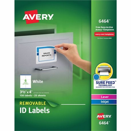 Avery Removable I.D. Labels - 3 21/64" Width x 4" Length - Removable Adhesive - Rectangle - Laser, Inkjet - White - Paper - 6 / 