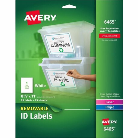 Avery ID Label - 8 1/2" Width x 11" Length - Removable Adhesive - Rectangle - Laser, Inkjet - White - Paper - 1 / Sheet - 25 Tot