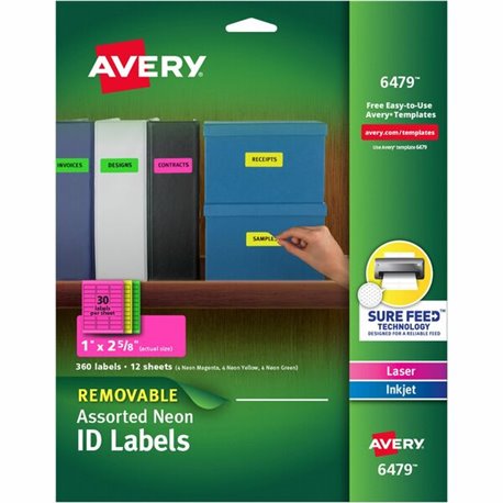 Avery Multipurpose Label - 1" Width x 2 5/8" Length - Removable Adhesive - Rectangle - Laser, Inkjet - Neon Green, Neon Magenta,