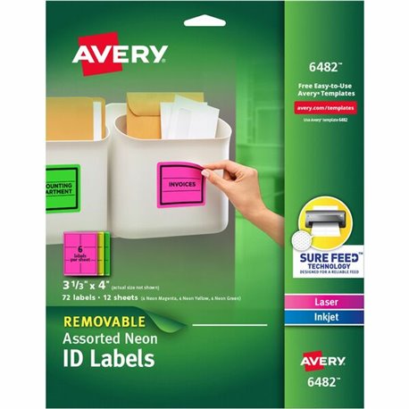 Avery ID Labels - 3 1/2" Width x 4" Length - Removable Adhesive - Rectangle - Laser, Inkjet - Neon Green, Neon Magenta, Neon Yel