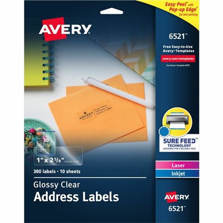 Avery Easy Peel High Gloss Clear Mailing Labels - 1" Width x 2 5/8" Length - Permanent Adhesive - Rectangle - Laser, Inkjet - Cl