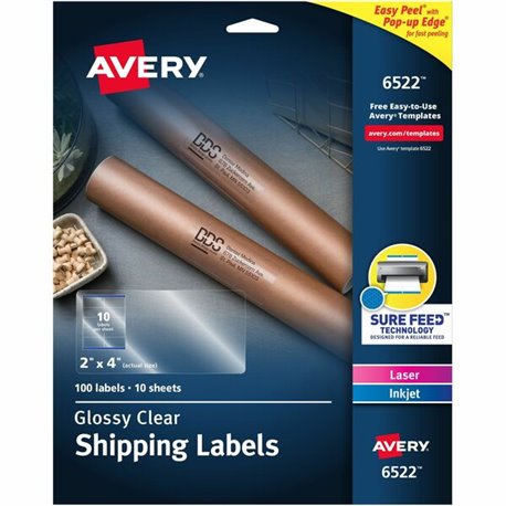 Avery Shipping Labels, Glossy Clear, 2" x 4" , 100 Labels (6522) - 2" Width x 4" Length - Permanent Adhesive - Rectangle - Laser