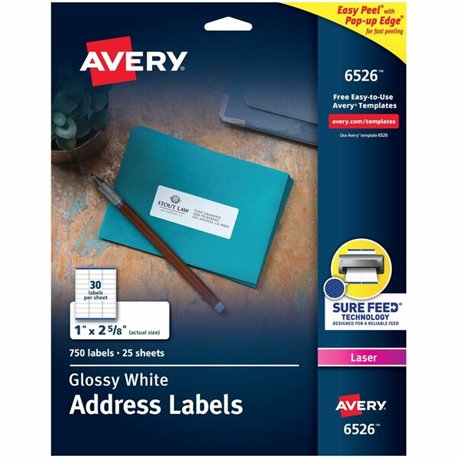 Avery Address Labels, Glossy White, 1" x 2-5/8" , 750 Total (6526) - 1" Width x 2 5/8" Length - Permanent Adhesive - Rectangle -