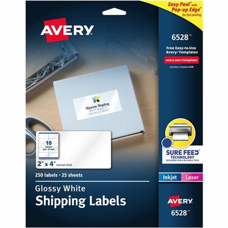 Avery Shipping Labels, Glossy White, 2" x 4" , 250 Total (6528) - 2" Width x 4" Length - Permanent Adhesive - Rectangle - Laser 