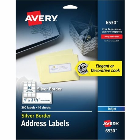 Avery Easy Peel Address Label - 1" Width x 2 5/8" Length - Permanent Adhesive - Rectangle - Inkjet - White, Silver - Paper - 30 