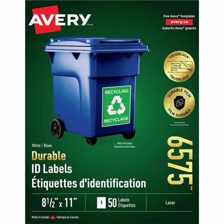 Avery TrueBlock ID Label - Waterproof - 8 1/2" Width x 11" Length - Permanent Adhesive - Rectangle - Laser - Matte - White - Fil